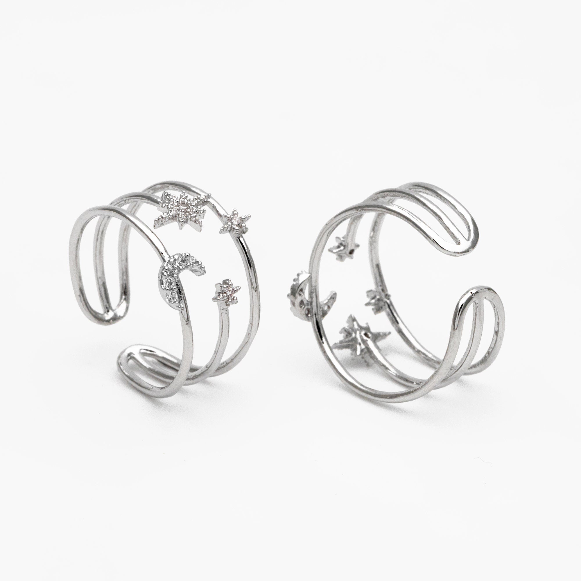 4pcs CZ Pave Triple Band Moon and Star Ring, Celestial Ring, Modern Style Ring, Fashion Rings, Dainty Rings, Adjustable Ring (#GB-4182)